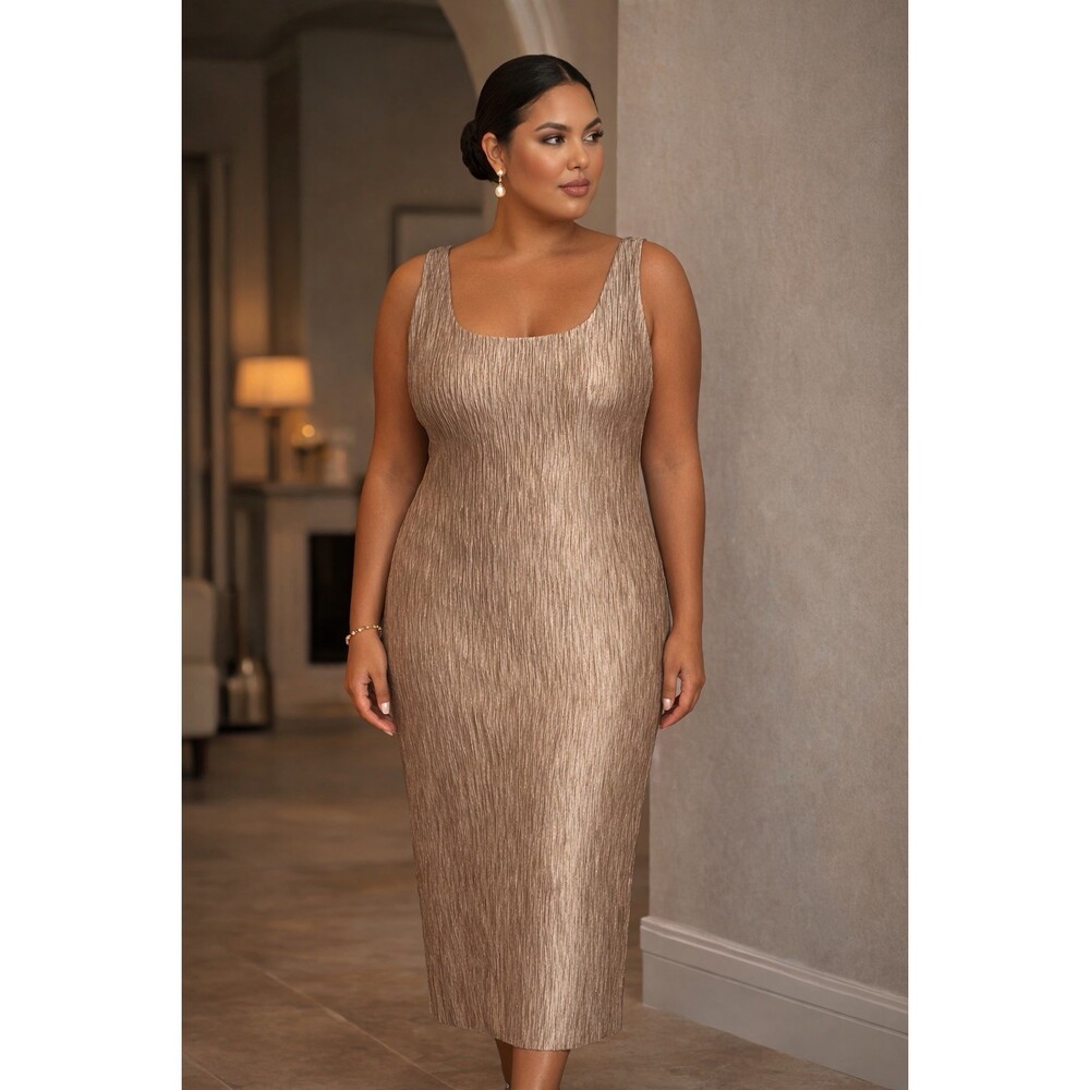 MESHKI Maxi Dress XXL‎ Bronze Plisse Metallic Formal Evening Wedding Guest NWT